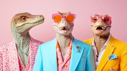 Dinosaurs in Stylish Suits and Sunglasses Pose Against a Vibrant Pink Backdrop at a Whimsical Fashion Event Showcasing Unique Animal-Themed Attire