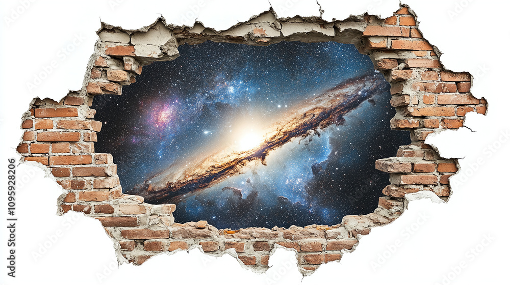 Poster a brick wall on a white background with a hole through which space is visible. inside the hole is a 