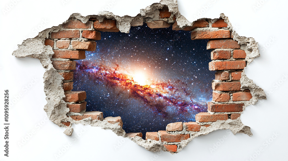 Poster a brick wall on a white background with a hole through which space is visible. inside the hole is a 