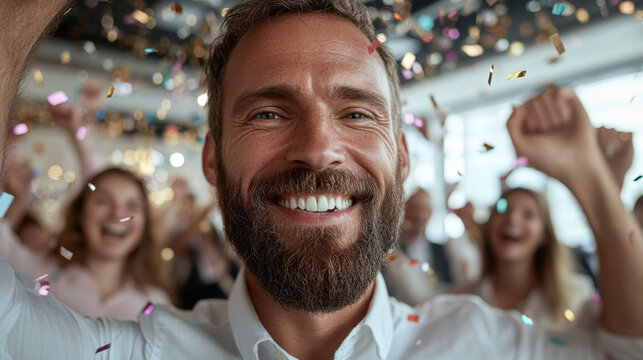 Celebration of Success With Confetti and Cheerful Faces During a Corporate Event in a Modern Office Space in the Afternoon
