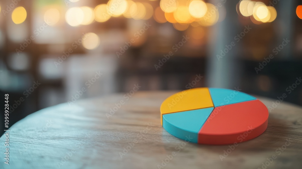 Poster a colorful pie chart on a wooden table with a blurred bokeh background, symbolizing data visualizati