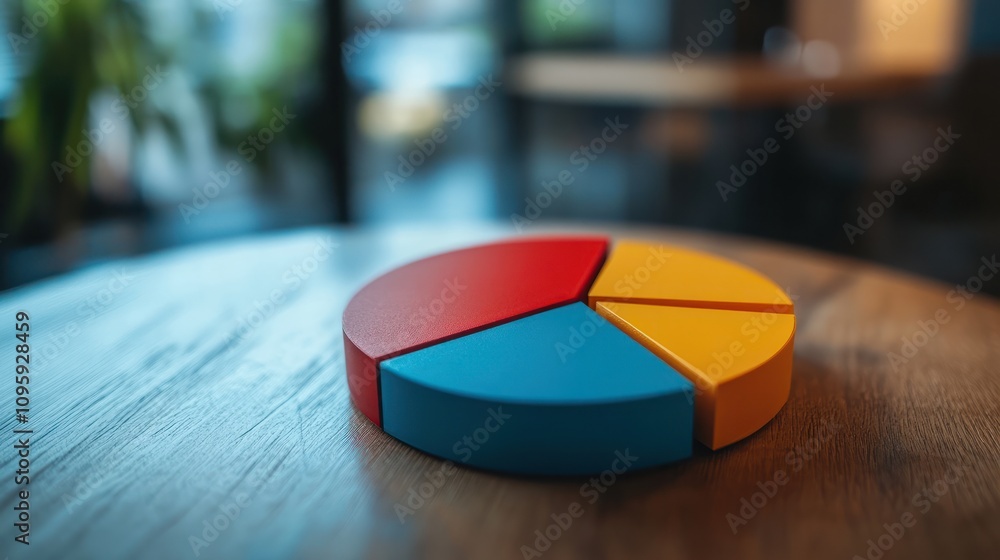 Poster a colorful pie chart on a wooden table with a blurred bokeh background, symbolizing data visualizati
