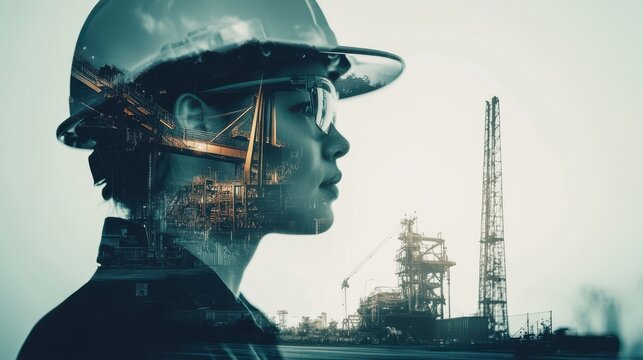 Industrial Worker in Assembly Line with Double Exposure
