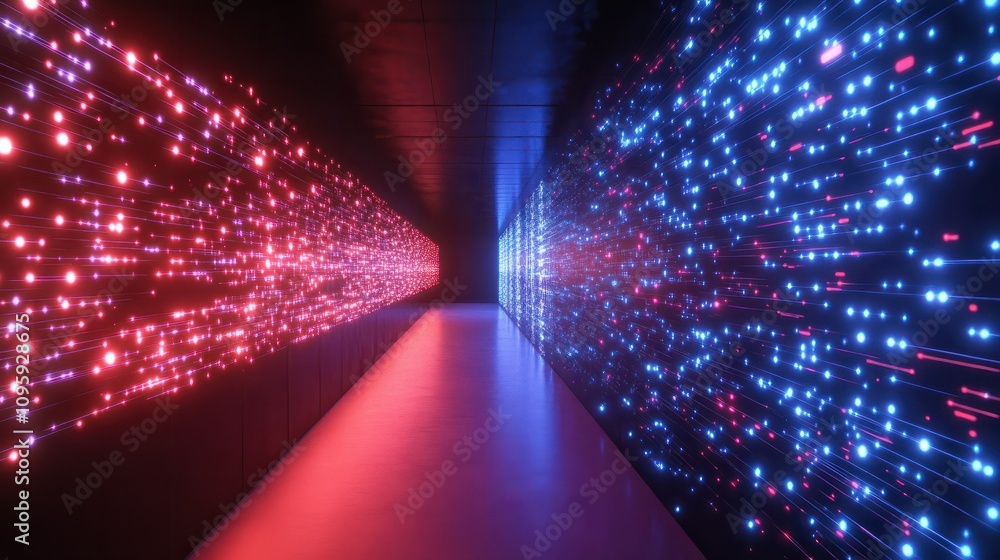 Poster a digital data stream visualized as a wall of glowing blue and red lines in a dark server room