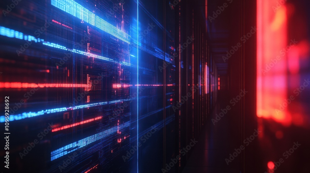 Aufkleber a digital data stream visualized as a wall of glowing blue and red lines in a dark server room
