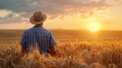 Farmer in sunset wheat field. Shows the beauty of harvest and rural life.