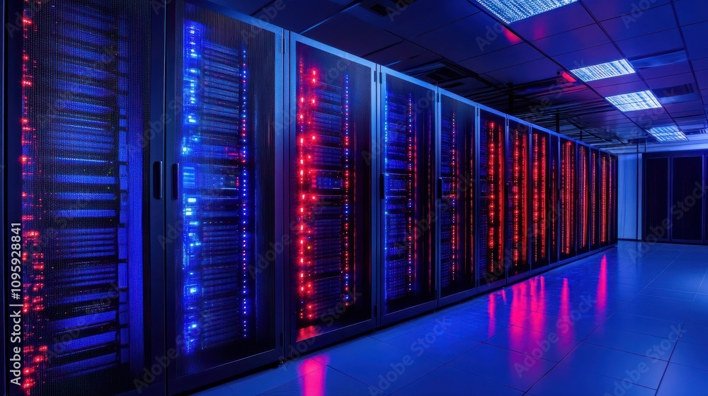 Poster a digital data stream visualized as a wall of glowing blue and red lines in a dark server room
