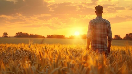 Farmer silhouetted at sunset. Illustrates rural life, agriculture, and harvest themes.