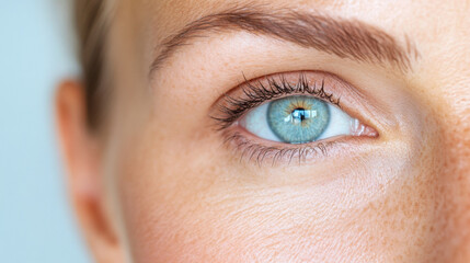 Obraz premium Close-up View of a Person\'s Blue Eye Revealing Detailed Features and Reflections in the Iris, Showcasing the Intricacies of Human Vision and Beauty