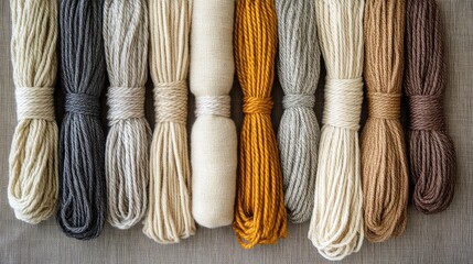 Colorful yarn skeins arranged in a line for crafting projects