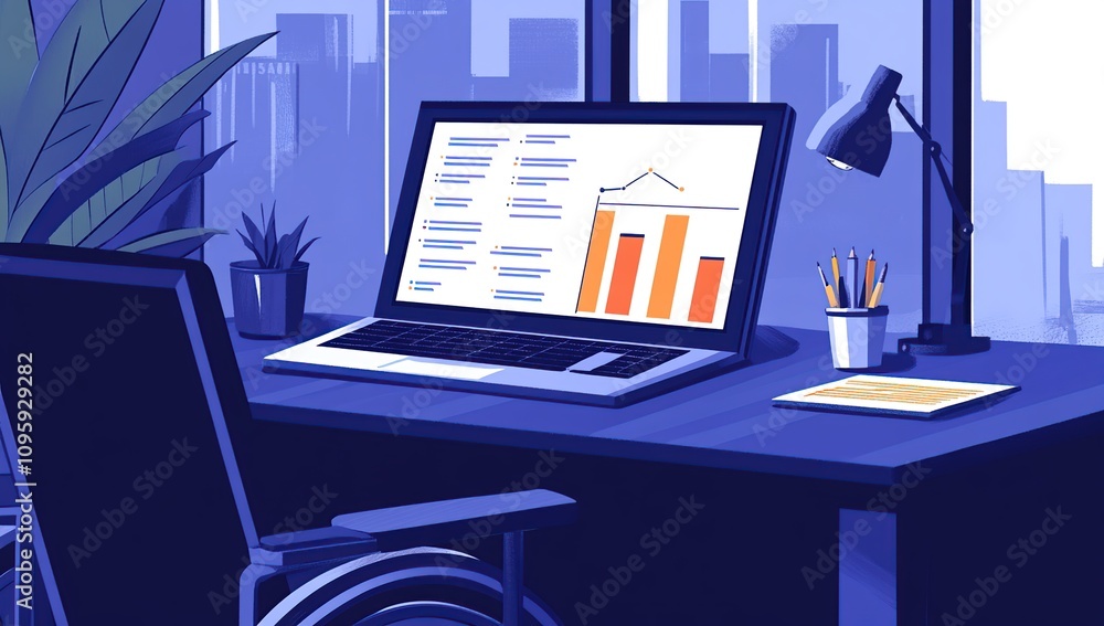 Poster accessible workspace: modern office with wheelchair and laptop displaying data analytics