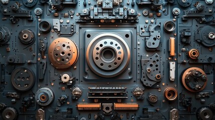 Intricate Mechanical Components Arrangement in Blue Background