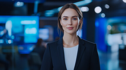 Fototapeta premium News anchor presents latest updates from the studio during evening broadcast