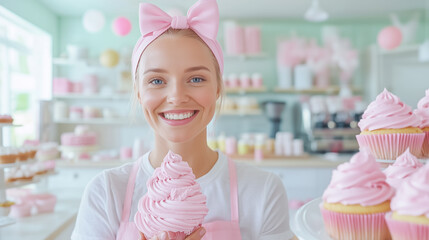 Bakery Employee Smiles While Holding a Large Pink Cupcake in a Pastel-Themed Shop Filled With Sweet Treats and Decorations