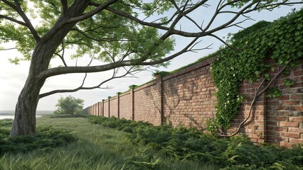 Fototapeta premium bush-covered brick wall with tree branches, earthy atmosphere, foliage, outdoor decoration, brick wall