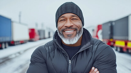 Smiling Man With Gray Beard Wearing Black Beanie and Jacket Stands Confidently in Snowy Truck Yard Surrounded by Parked Vehicles