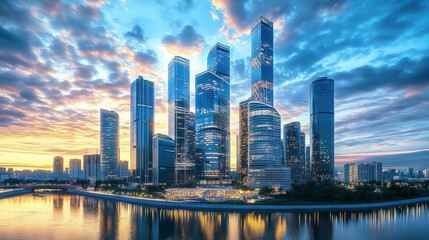 A futuristic cityscape at sunset, featuring illuminated skyscrapers against a cloudy blue sky near a river.