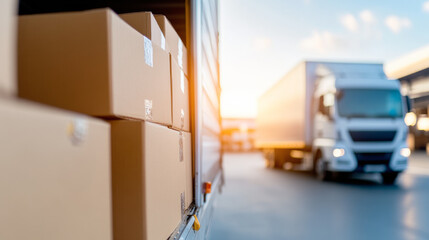Delivery Truck Unloading Cardboard Boxes at a Warehouse During Sunset