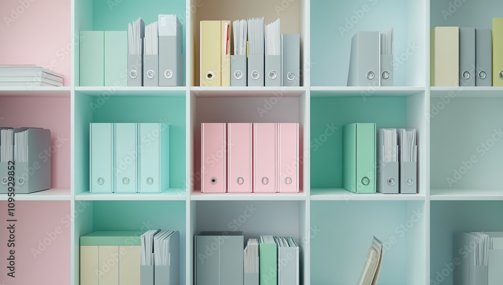 Poster pastel office organization: a colorful array of filing cabinets and documents