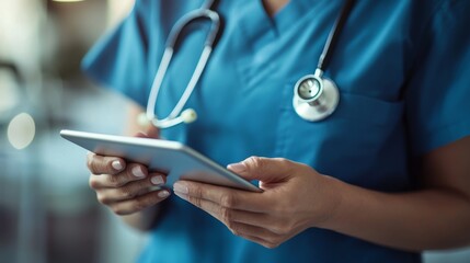 A healthcare professional in blue scrubs uses a tablet device.