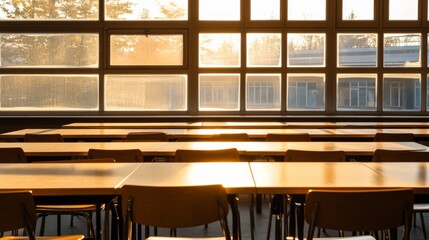 Empty school cafeteria tables during off-peak hours, a serene moment of reflection on the passage of time and the transient nature of youth.