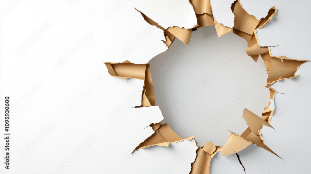 Poster 3d hole in white wall reveals ripped paper banner background, creating striking visual effect. torn 