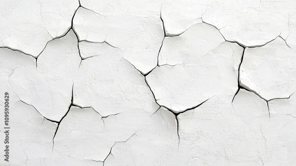 Poster cracked white concrete wall texture with abstract grunge appearance, showcasing deep fissures and we