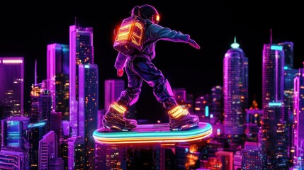 A futuristic cityscape with towering skyscrapers and flying cars, featuring a young girl with neon-lit hoverboard gliding through the air, in a sleek, cyberpunk cartoon style, on a black background.