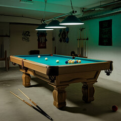 billiard table with cue and ball