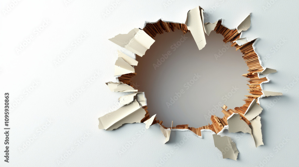 Poster 3d hole in white wall reveals wooden background, creating striking visual effect. torn edges add dep