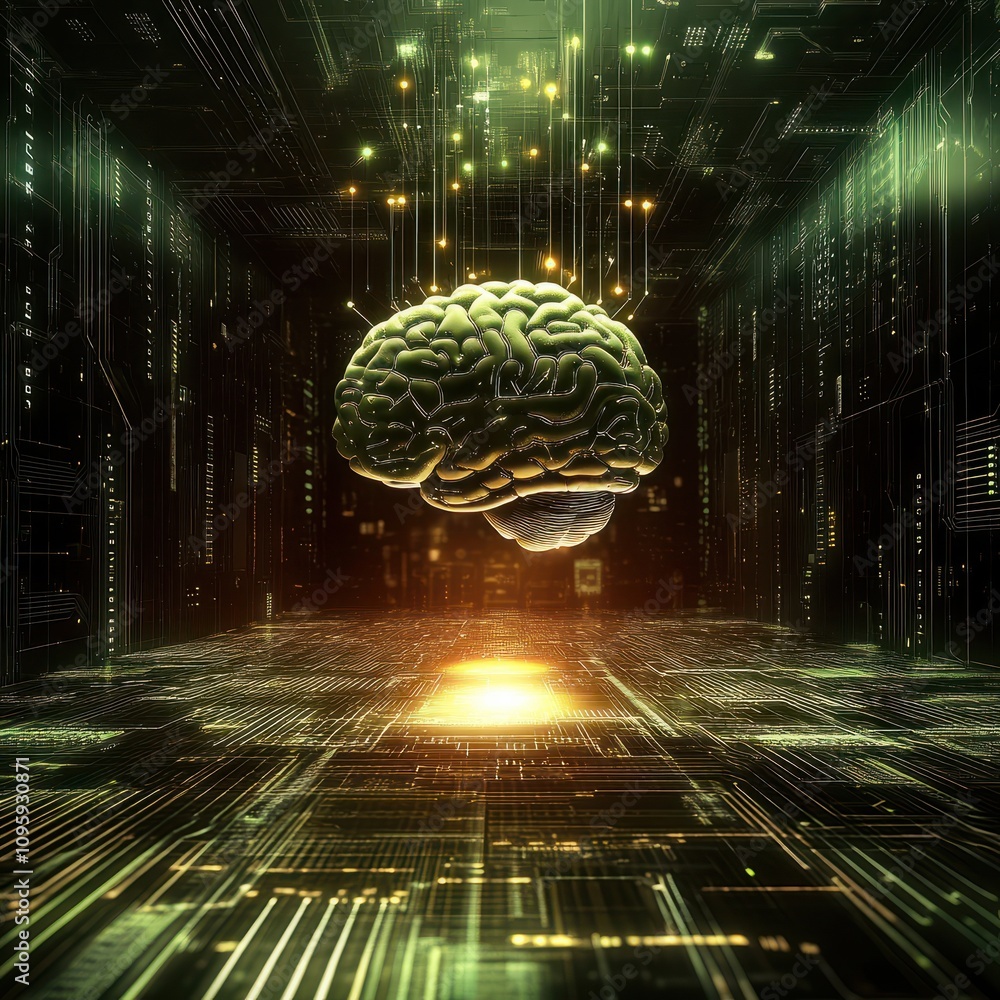 Poster a glowing brain with neural networks suspended above a digital circuit board in a futuristic environ