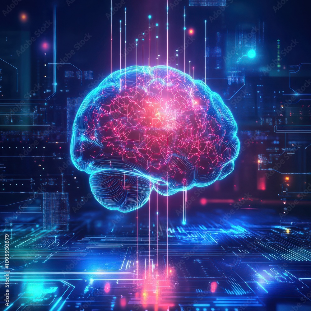Poster a glowing brain with neural networks suspended above a digital circuit board in a futuristic environ