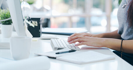 Creative, hands and computer for copywriting, office and planning for press release, typing and...