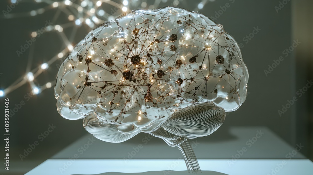 Poster a modern brain mockup represents intelligence connected to a network of digital nodes and synapses s