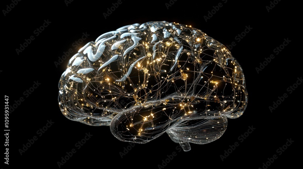 Poster a modern brain mockup represents intelligence connected to a network of digital nodes and synapses s
