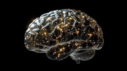 A modern brain mockup represents intelligence connected to a network of digital nodes and synapses showcasing advanced thinking
