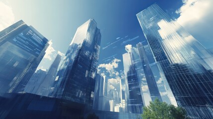 A modern cityscape featuring tall glass skyscrapers under a bright blue sky, with graphic overlays of data visualizations.
