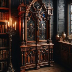 Obraz premium A cozy Gothic-style living room featuring dark wood furniture with intricate carvings, large Gothic windows with stained glass, and a modern computer setup on an antique desk. Soft lighting from candl