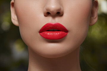 Fototapeta premium Close-up of bright red lipstick on plumped, Botox-treated lips