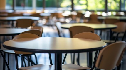 Empty school cafeteria tables during off-peak hours, a serene moment of reflection on the passage of time and the transient nature of youth.