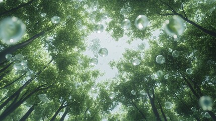 Fototapeta premium 64.A detailed image of green tree canopies in a forest, releasing oxygen into the sky as tiny bubbles of O2. The scene highlights natureâ€™s purifying process, showcasing the role of forests in