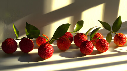 Vibrant Lychee Fruits with Leaves in Sunlight