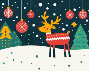 Cute reindeer in winter landscape with ornaments.