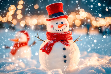 Fototapeta premium Adorable snowman with a red scarf and hat, standing in a snowy scene, surrounded by falling snow and festive lights
