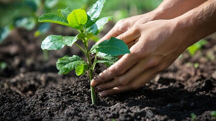 119.A detailed close-up of a young tree being planted by hand in a garden. The soil is rich and dark, symbolizing fertility, while the young green leaves of the sapling represent growth and