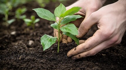 119.A detailed close-up of a young tree being planted by hand in a garden. The soil is rich and dark, symbolizing fertility, while the young green leaves of the sapling represent growth and