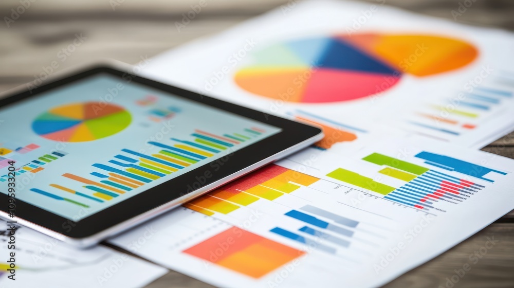 Poster a tablet displaying colorful graphs and charts alongside printed reports on a table.
