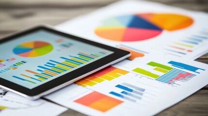 A tablet displaying colorful graphs and charts alongside printed reports on a table.