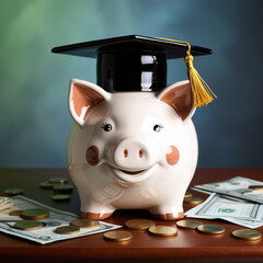 piggy bank with a black graduation hat coints as educational loan syimbol