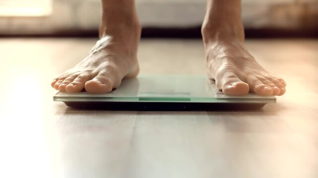 Feet stepping onto digital scale at home to check weight